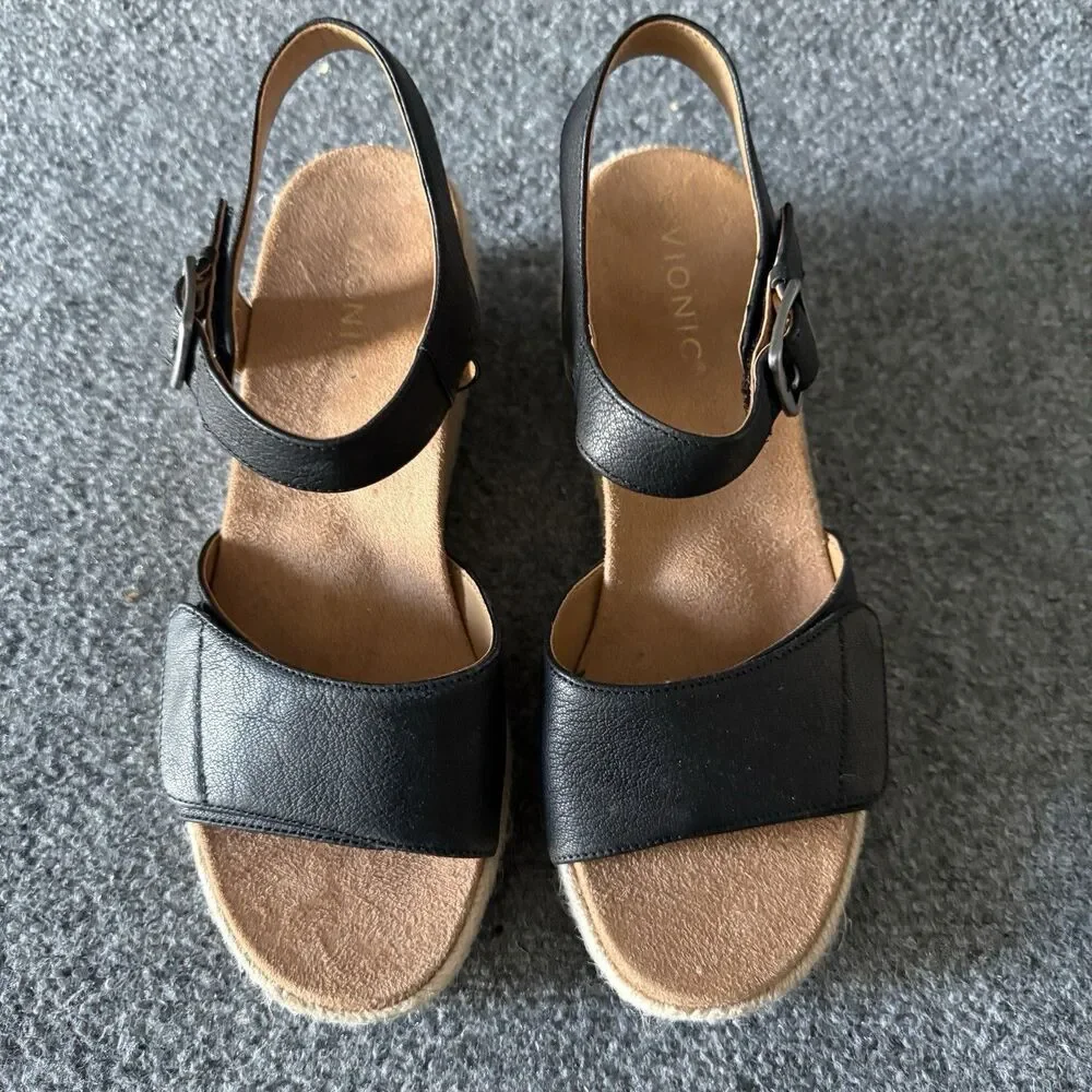 Vionic Sable Black Leather Espadrille Wedge Sandals Womens Size 9 Boho Comfort